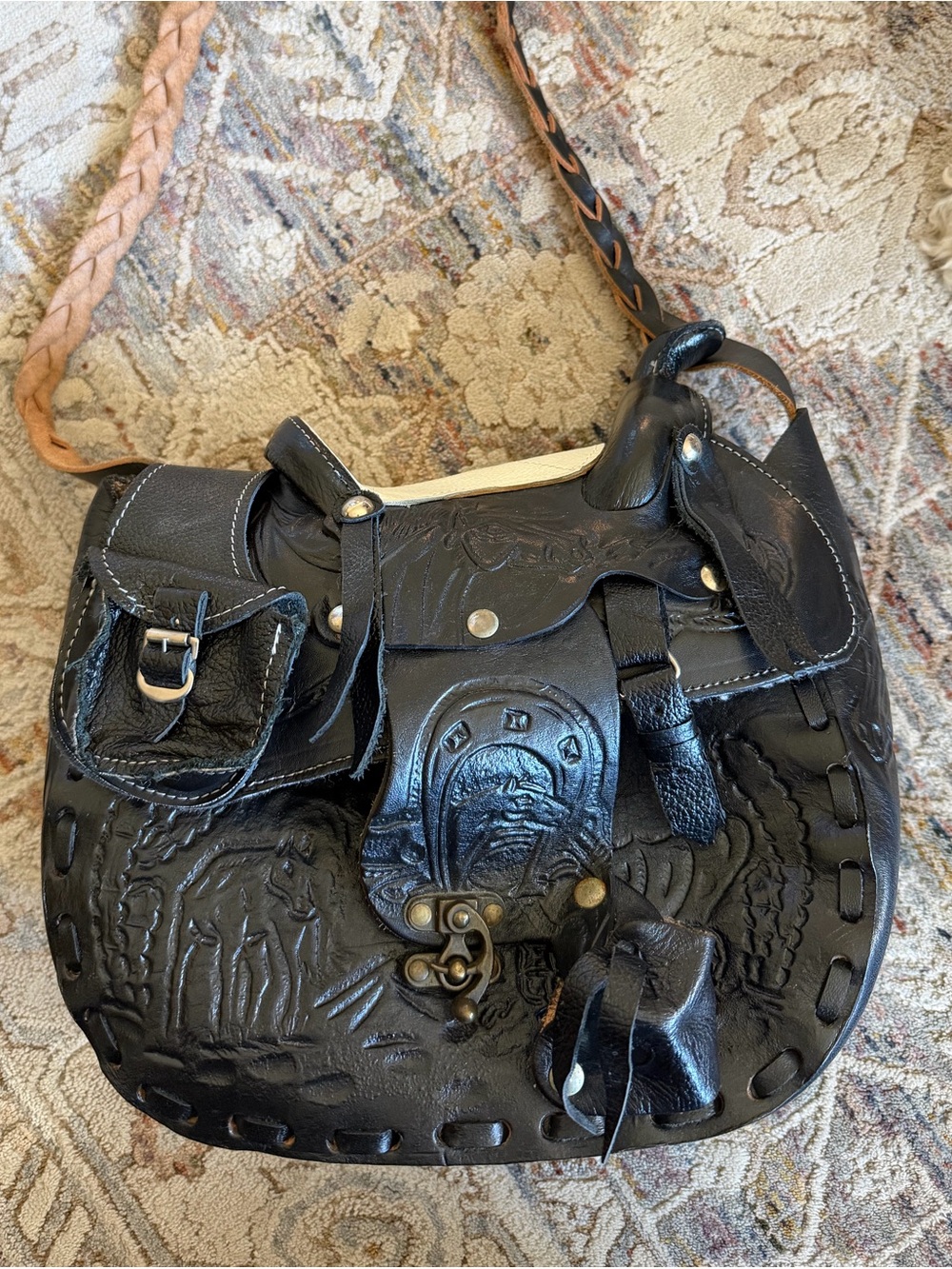 Vintage 70s Tooled Leather Horse Saddle Shoulder Bag Western